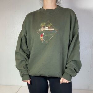 Vintage 80s Embroidered Golf Army Green Crewneck Sweatshirt
